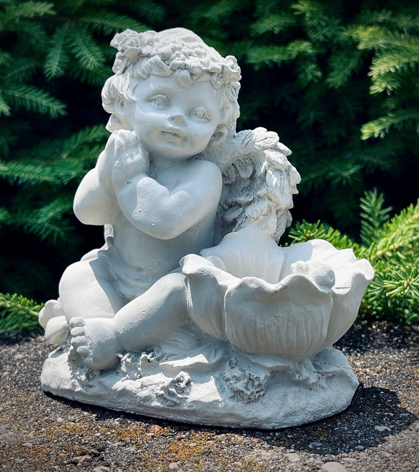 Baby Angel with Anemone Wind Flower Cherub Statue